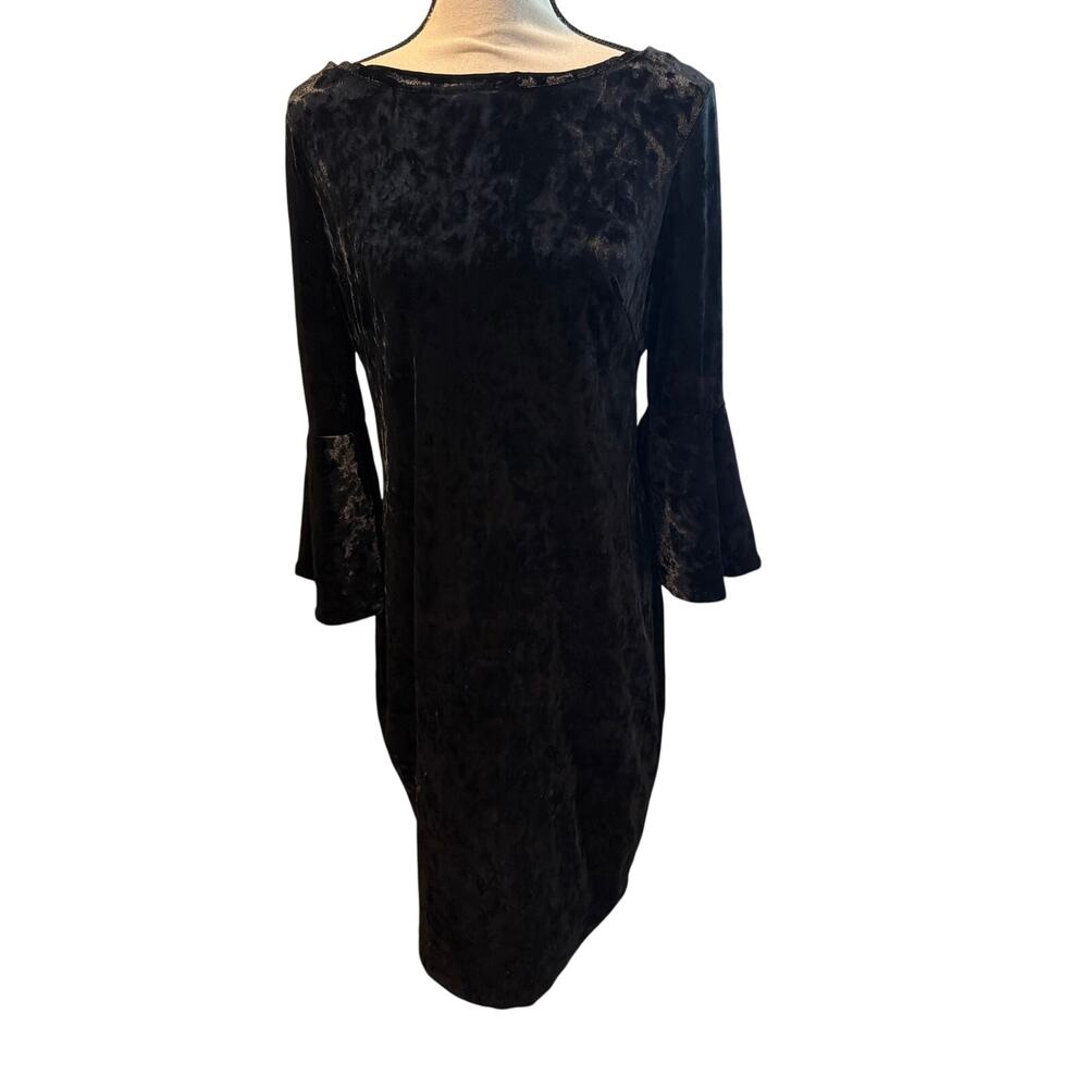 ⭐️ Women’s Calvin Klein Black Crushed Velvet Midi Dress W/ Bell Sleeves Size 14